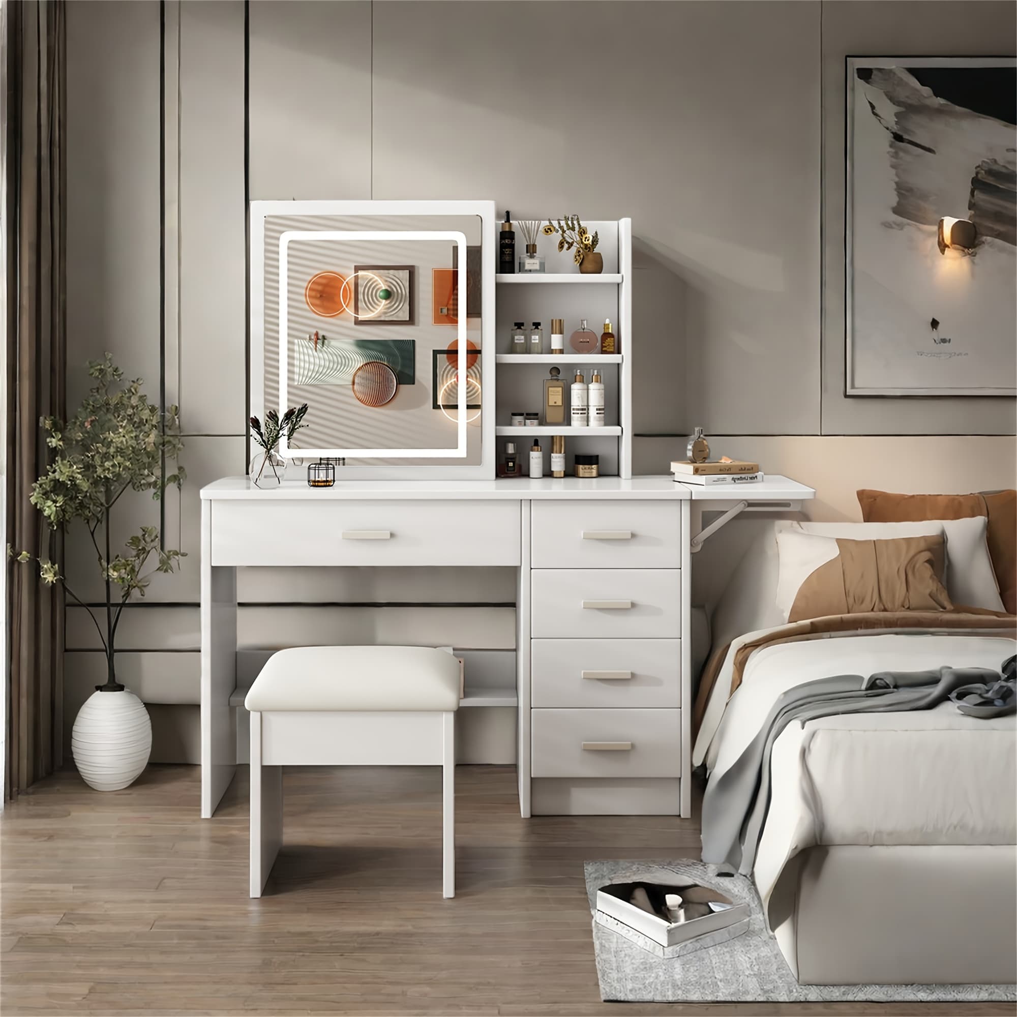 TEMU Fashion Vanity Desk With Mirror And Open Shelves And Chair, Vanity Mirror With Lights And Table Set, 5 Drawers, White