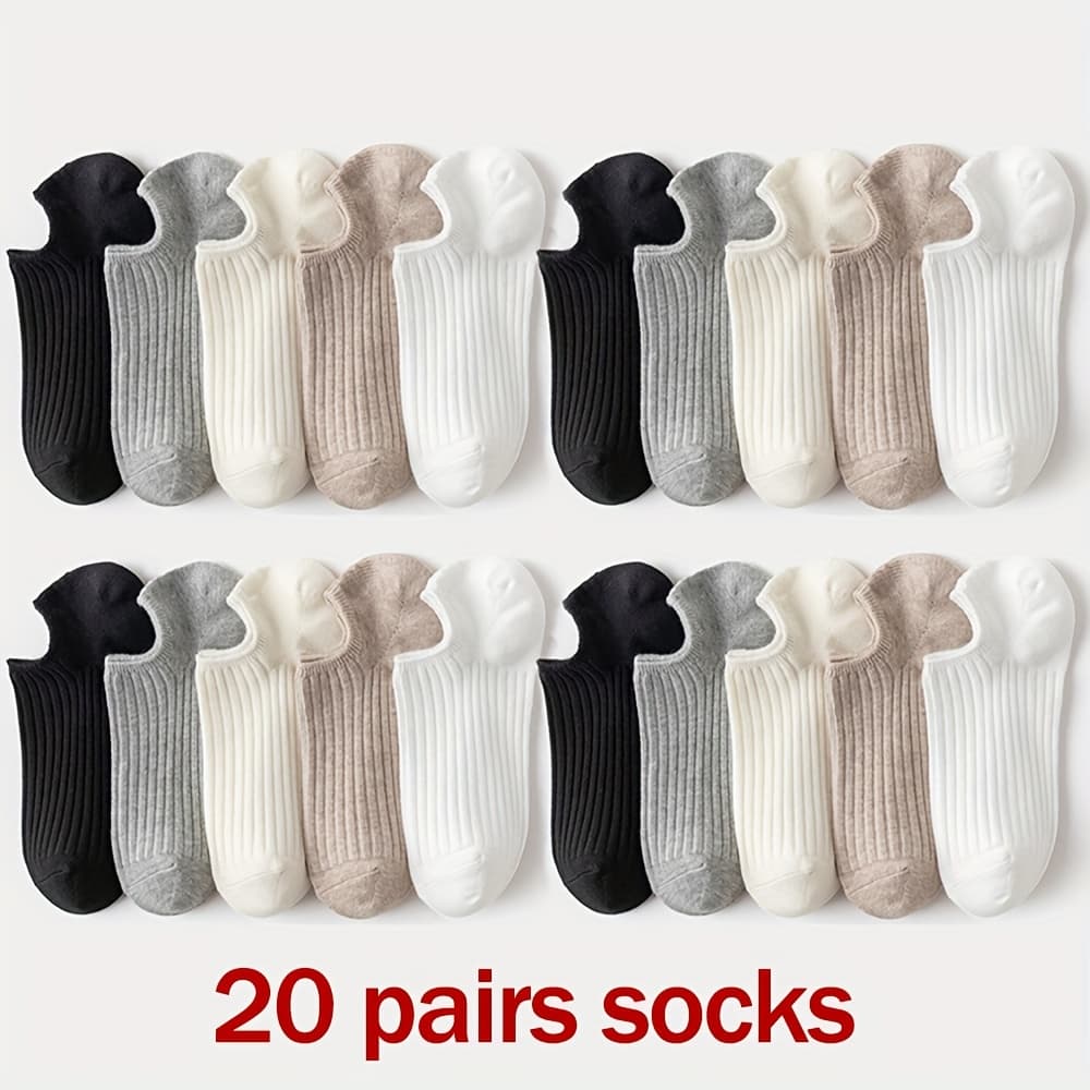 TEMU 20 Pairs Women's Ankle Socks - 95% Polyester, 5% Elastane, Knit Fabric, Solid Color, Breathable & Sweat Absorbent, Fit, Cute Socks