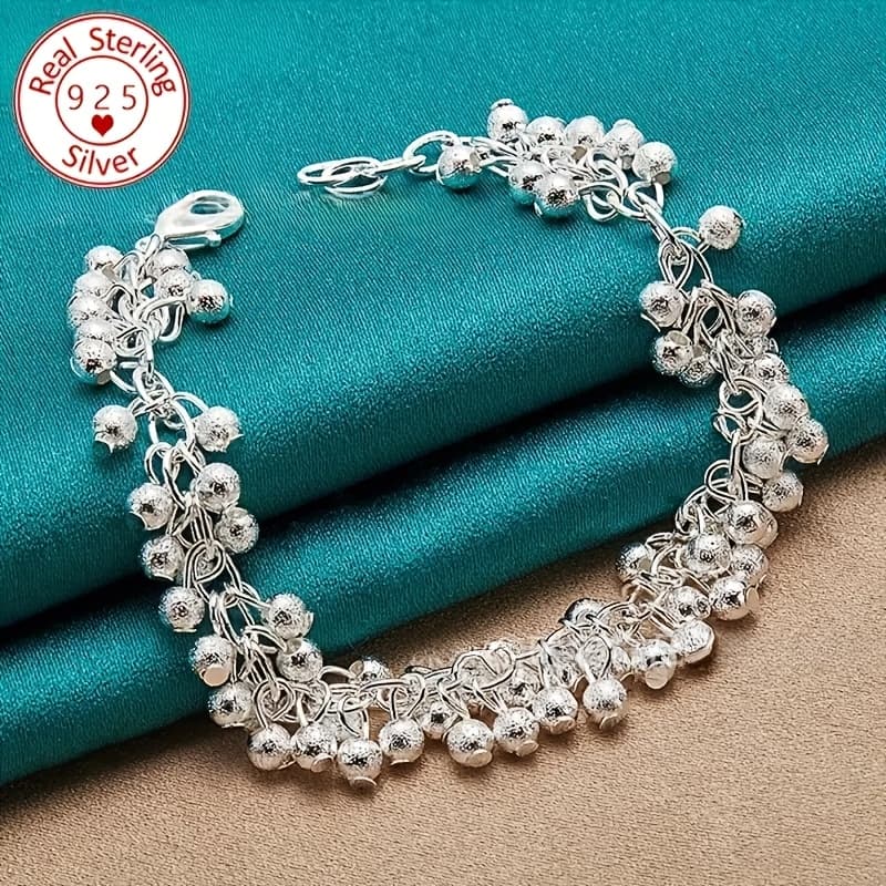 TEMU An Elegant 925 Sterling Silvery Bracelet Suitable For Women, Bohemian Minimalist Style, Grape Bead Decoration, Perfect For Daily Wear And Vacation, An Ideal Valentine's Day Gift