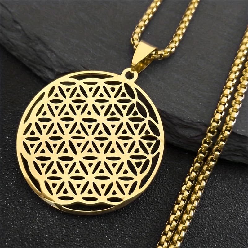 TEMU Flower Of Life Stainless Steel Long Necklace Men And Women Golden Mandala Necklace Jewelry