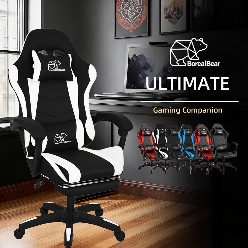 TEMU Gaming Chair, Ergonomic High Back Reclining Pu Leather Computer Chair, For Adults Teens Office Gaming Use, With Headrest Lumbar Support Fixed Armrest Adjustable Swivel Rolling Footrest Multicolor