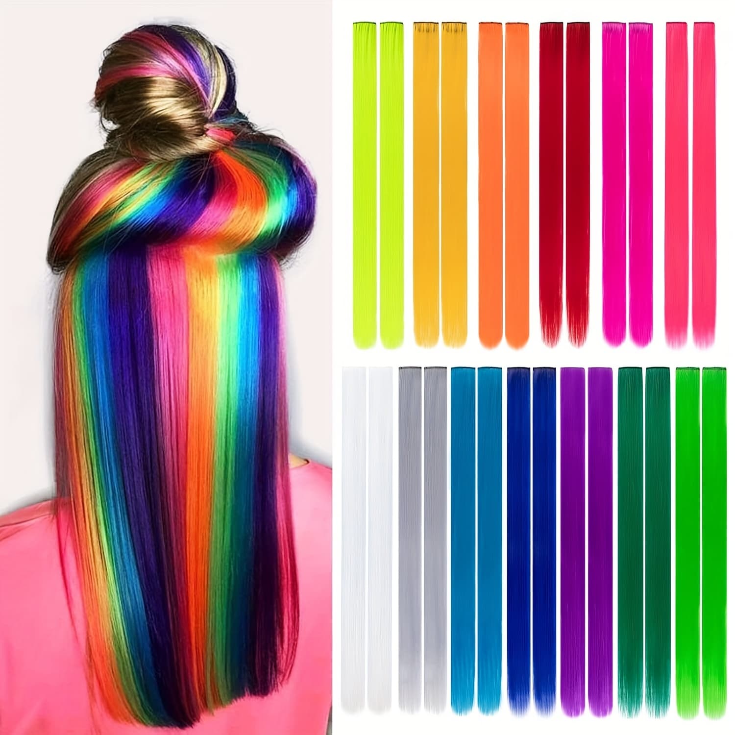 TEMU 26packs Colored Hair Extensions 20inch Straight In On Hair Extension Rainbow Party Highlights Synthetic Hairpiece For Girl