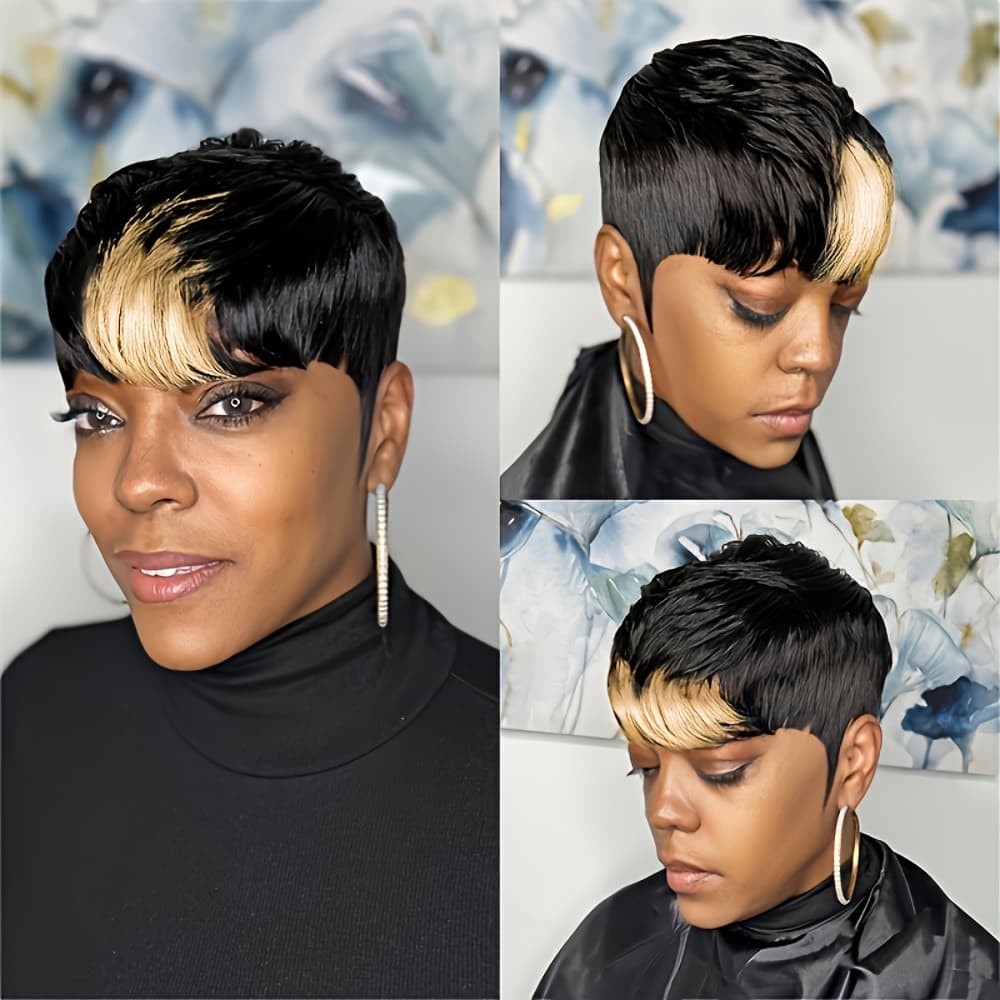 TEMU Short Straight Human Hair Wig For Women, Featuring A 6-inch Cut With 150% Density, Fully Machine-made