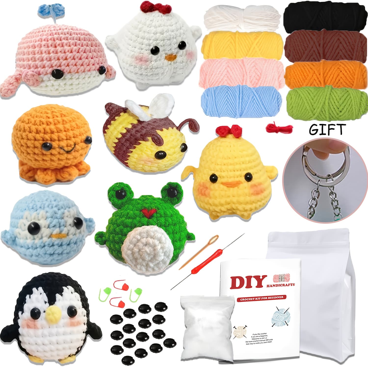 TEMU 8pcs Crochet Kit For Beginners, Crochet Animal Kit, Crochet Starter Kit With Crochet Hooks, Yarn, Instructions Video, Crochet Set For Beginners