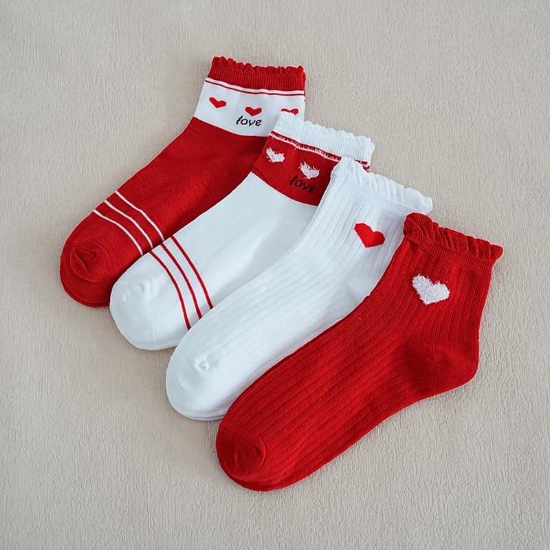 TEMU 4-pair Women's Red And Sweet Short Socks With Heart, Letter, And Vertical Stripe Patterns