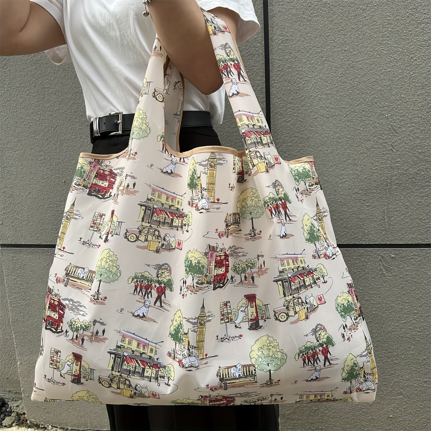 TEMU London Print Large Capacity Portable Handheld Bag For Men Women, Puppy With Telephone Booth, Folding Shopper, Reusable Lightweight Tote Bag, Casual For Going Out
