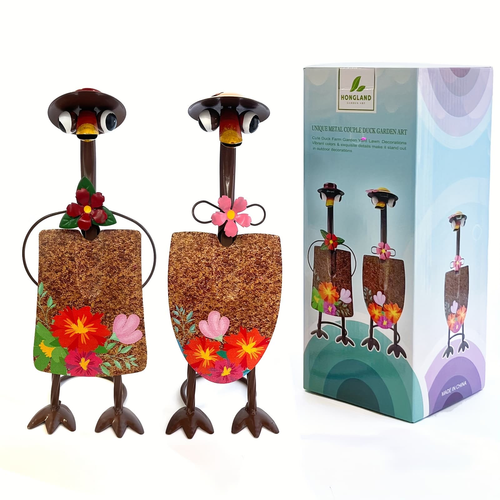 TEMU Hongland Metal Duck Outdoor Decor, Duck Couple Garden Decor, Shovel Ornaments Duck Garden Statues Farmhouse Patio Balcony Garden Gifts For Women 2pcs