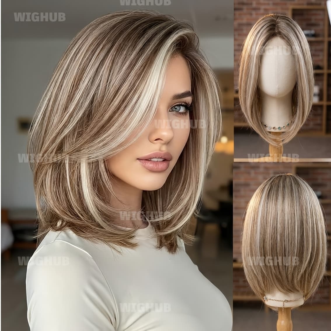 TEMU High-quality 14-inch Trendy Lace Front Wig With Highlighted Strands - For Daily Wear, Concerts, Performances & Parties - Color &