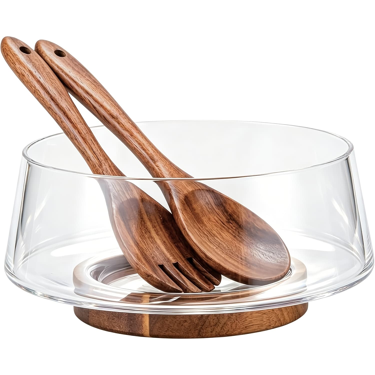 TEMU Large Clear Glass Salad Bowl Set With Solid Wood Base | Elegant Oval Shape, Handmade, Ideal For Kitchen Utensils And Party Use