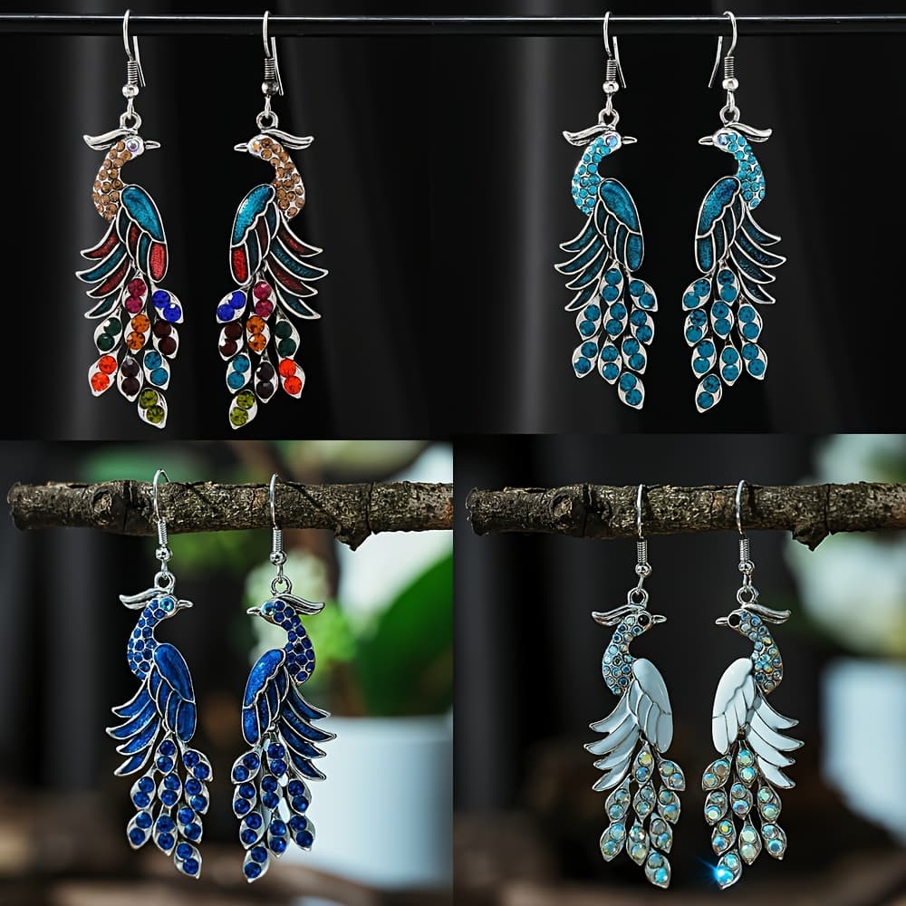 TEMU 4 Pairs Of Bohemian Style Rhinestones, Exquisite And Minimalist Earrings, Cute Animal Peacock Shaped Retro Style Earrings, Ladies' Party, Dress Up, Role-playing, Holiday Gifts