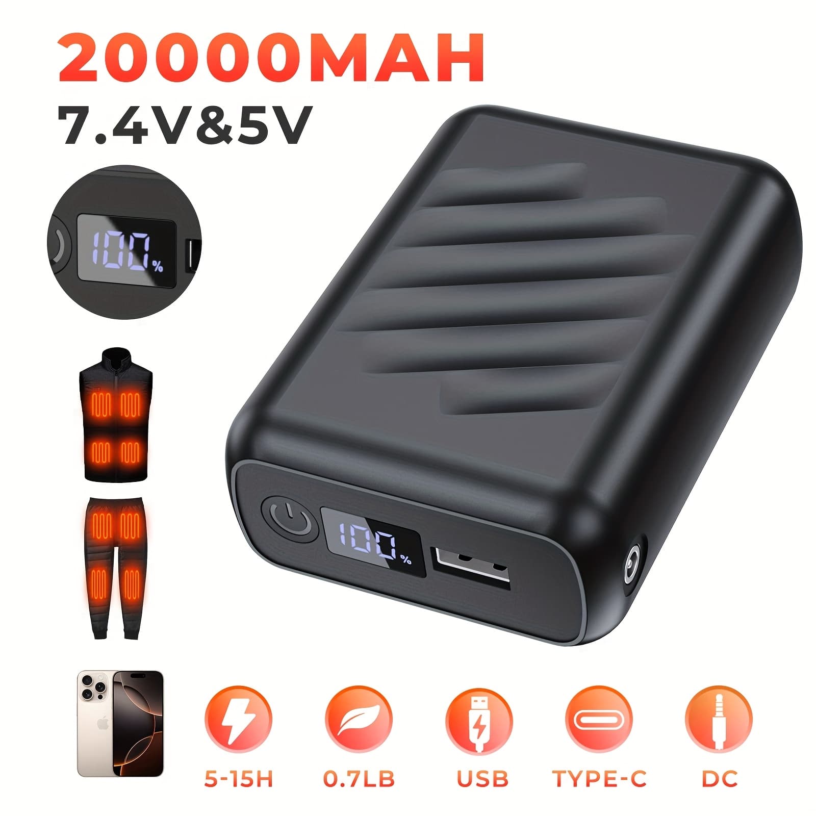 TEMU Heated Vest Battery Pack, 7.4v/5v 20000mah Power Bank For Heated Vest, Heated Jacket Battery Pack With And Usb Output Ports,