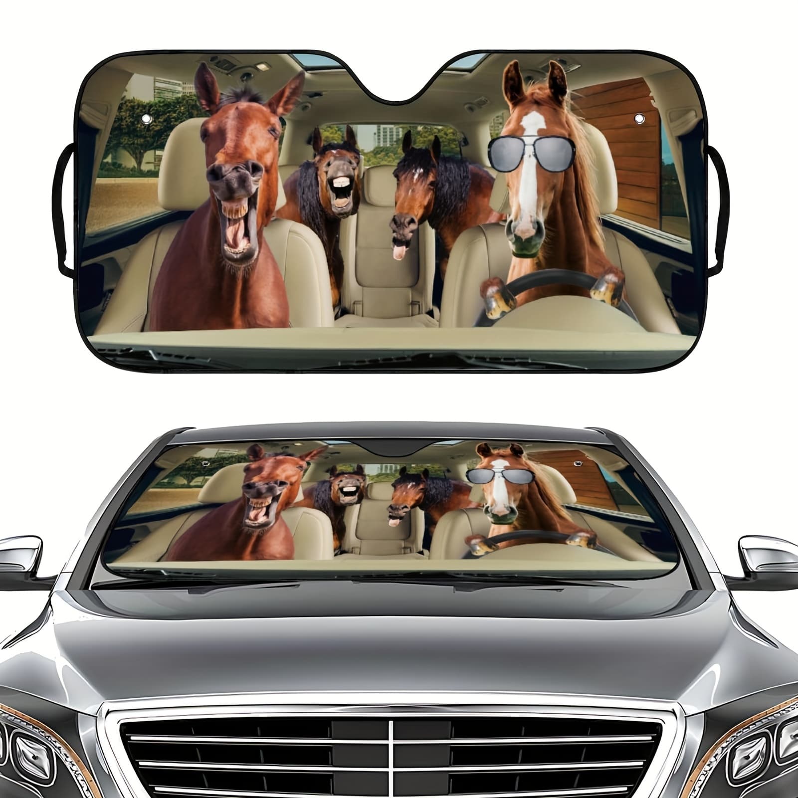 TEMU 1pc Car Sunshade For Front Windshield With Fashion Glasses-wearing Horse Print