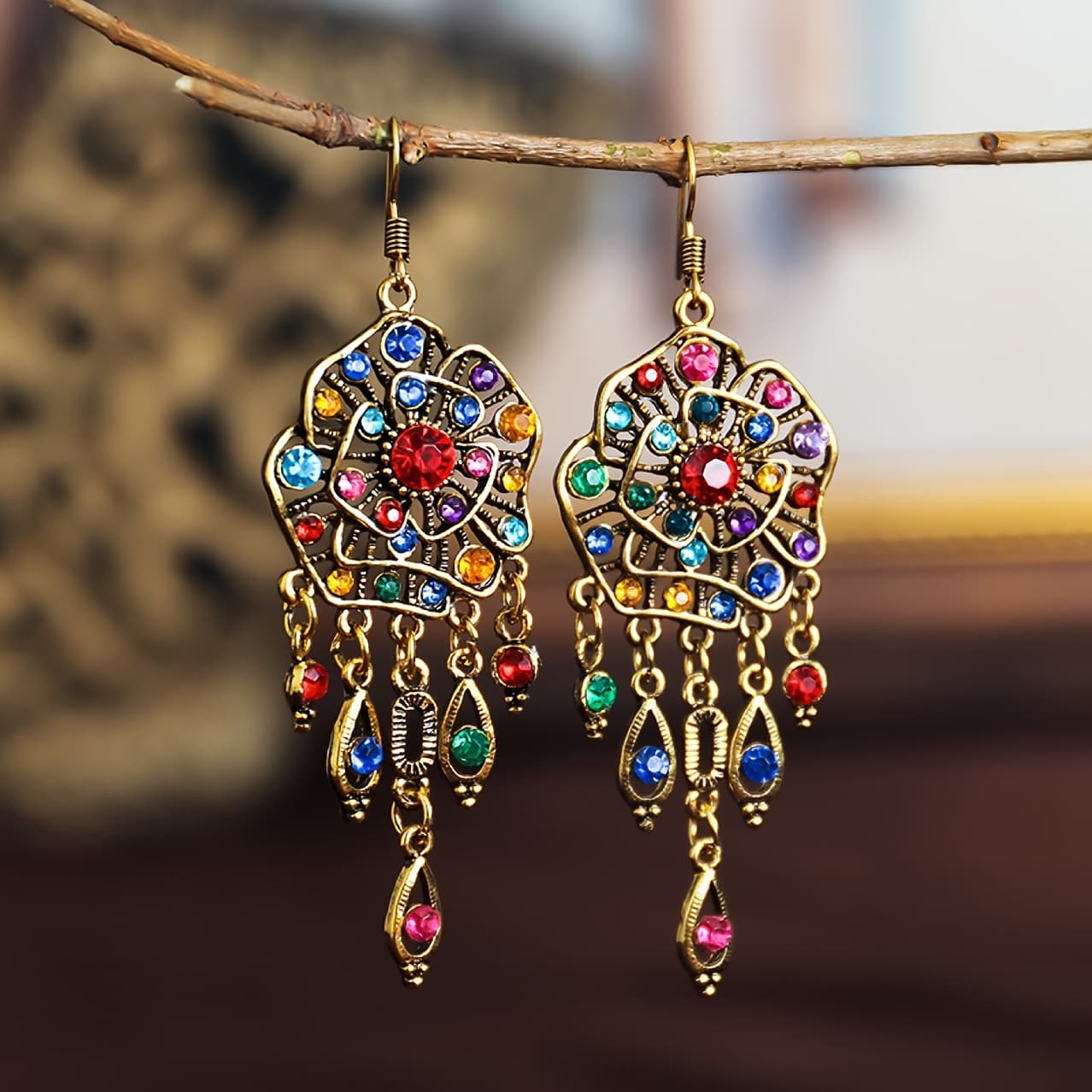 TEMU Floral Earrings Full Of Earrings With Tassel Fancy Retro Ethnic Earrings