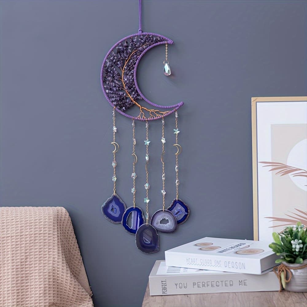 TEMU 1pc Amethyst Crushed Stone Wrap Of Life Hanging, Crystal Agate Christmas Gift Home Decoration, Moon New Room Hanging, Modern Wall Decor, Wall Art, Living Room Nursery Bedroom Decor