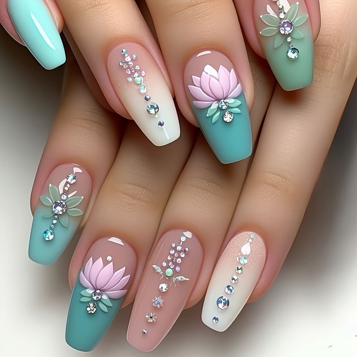 TEMU A Set Of 24 Ballet-style False Nails, Spring And , Beautiful Lotus Fashion Diamond Print, Suitable For And. The Box Includes A Nail File And Jelly Glue, Which Are Easy To Paste And Wear