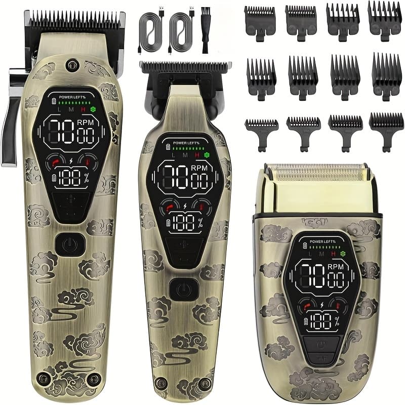 TEMU Men's Electric Hairdresser Set Professional Silent Barber Clipper Lcd Display Large Capacity Battery Shaving Pusher 7000rpm T-trimmer Double Floating Razor Full Set Of Accessories Gift Set