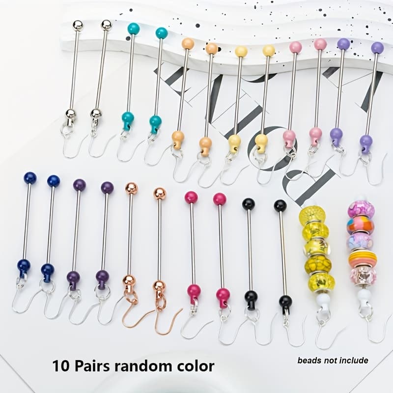 TEMU 10 Pairs Random Color Fashionable Handmade Beaded Long Earrings Simple Stylish Alloy Blank Strip Dangle Hook Earrings Set For Women Decorative Jewelry Making