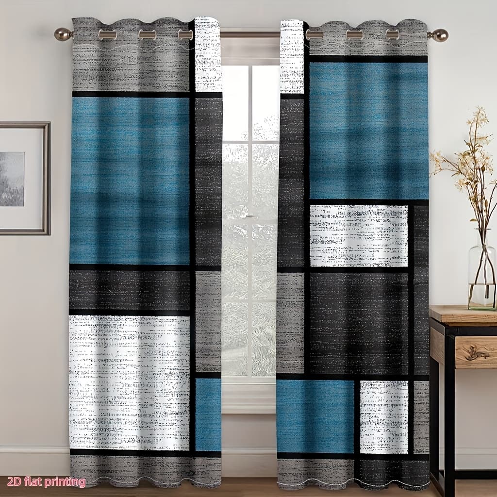 TEMU 2d Flat - 2d Flat - 2d Flat Printing, 2pcs, Digital Printing Of Geometric Blue-gray Checkered Room Curtains, Semi-transparent Perforated Curtains For Decorating Living Room Furniture