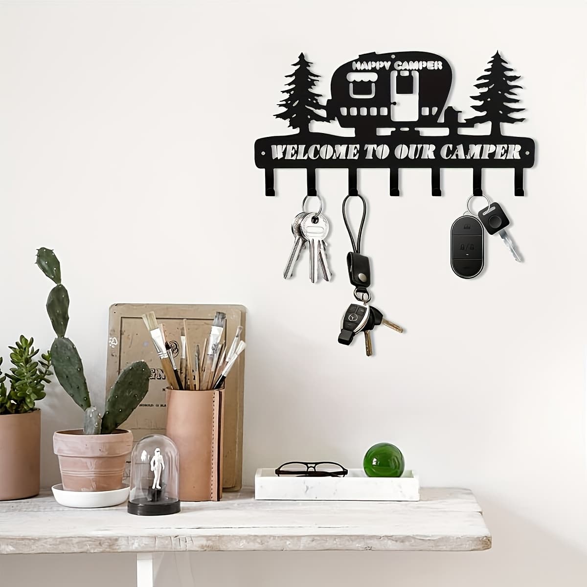 TEMU 1pc Rustic Metal Key Holder Wall Hook - Happy , Decorative Entryway Organizer, Perfect For Outdoor Decor, Outdoor Decor Additions | Camping Theme Decor | Metal Key Holder, Camping Additions