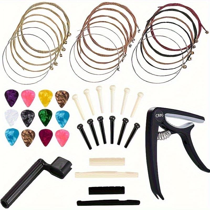 TEMU Acoustic Guitar Additions Kit Guitar Strings Replacement Changing Tool Including Guitar Acoustic Strings, Picks, Capo, String Winder, Bridge Pins, Picks For Guitar Players Beginners (48pcs)
