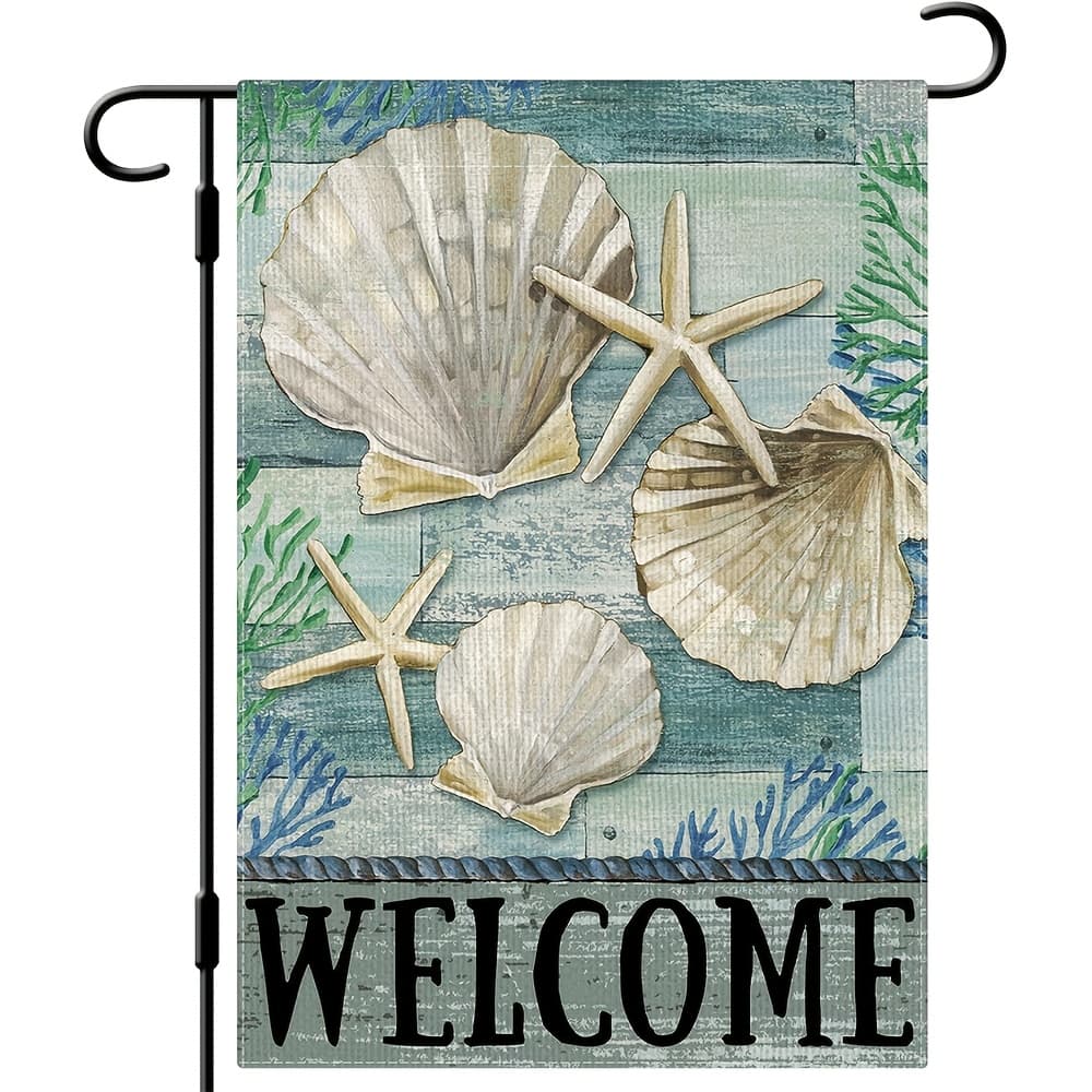 TEMU Summer Starfish Shells Garden Flag Coastal Garden Flag 12.5x18 Inch Double Sided Burlap Rustic Coastal Seasonal Ocean Yard Flag Outdoor Decoration
