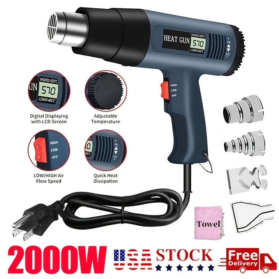 TEMU 2000w Digital Display Hot Air Gun, Electric For Heat Shrink Gun, Dual Temperature Setting + 4 Nozzles, Tool, Used For Heat Shrink Tubes, For Heating Pvc And Other For Heating Or Thawing Purposes