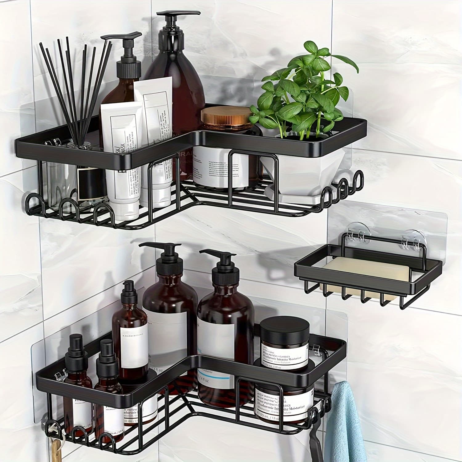TEMU Corner Adhesive Shower Caddy, With Soap Holder And 12 Hooks, Rustproof Stainless Steel Bathroom Organizer, No Drilling Wall Mounted Rack, Black, 3-pack