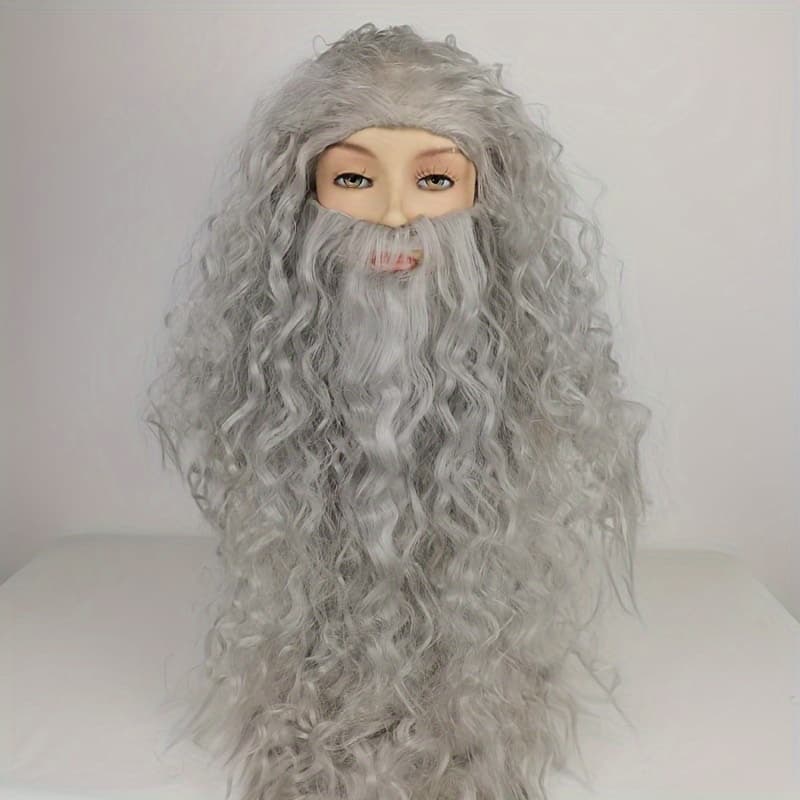 TEMU Long Hair And Beard Costume Character Paly Halloween Costume Gray Wizard Wig Fluffy Thick Synthetic Man Wig 22.5 Inches