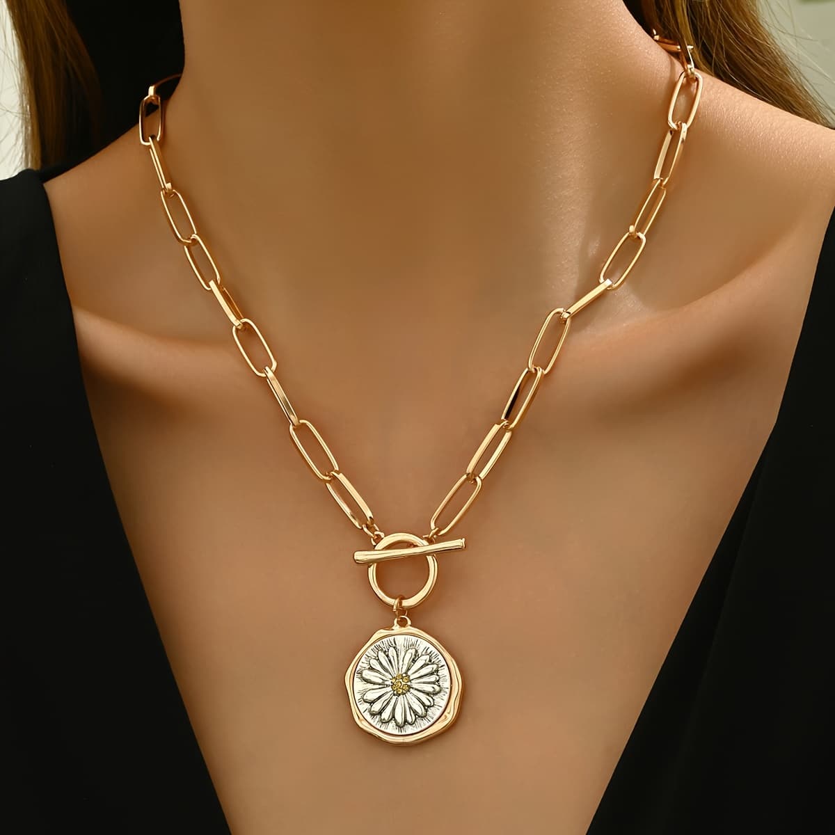 TEMU Fashionable Temperament Daisy Flower Double-sided Pendant Inlaid Retro All-match Style