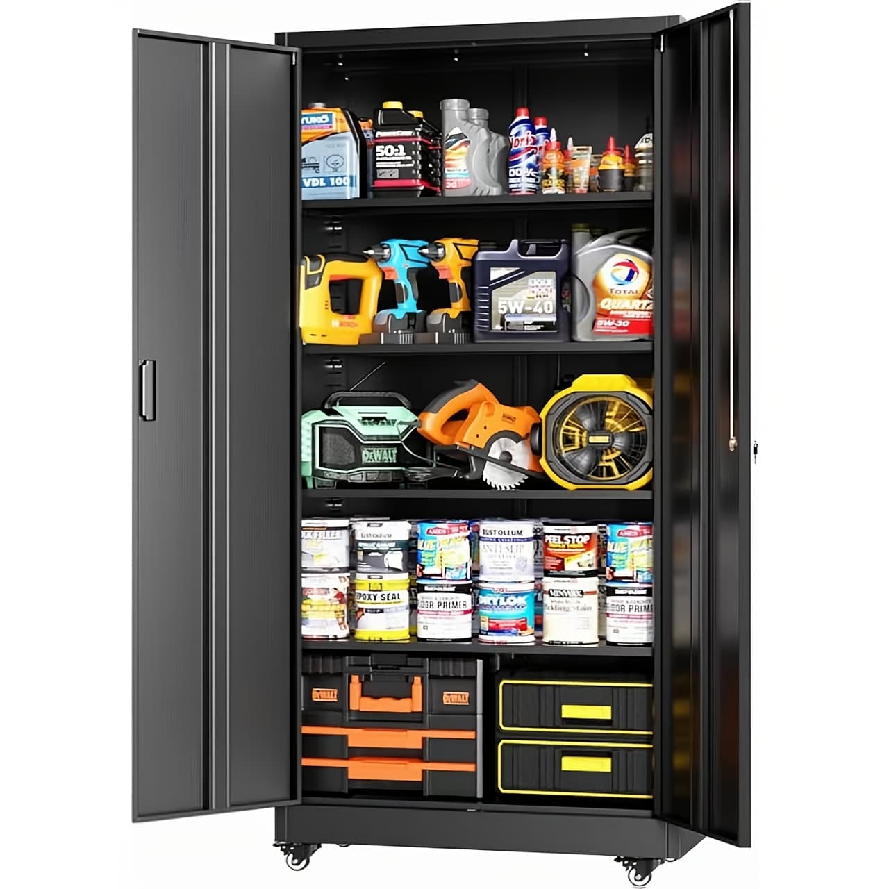 TEMU 73"h Metal Rolling Storage Cabinet, Locking Tool Cabinet With 2 Doors, 4 Wheels And 4 Adjustable Shelves For Cabin, Home Office, Kitchen, Bathroom, Garage, Black