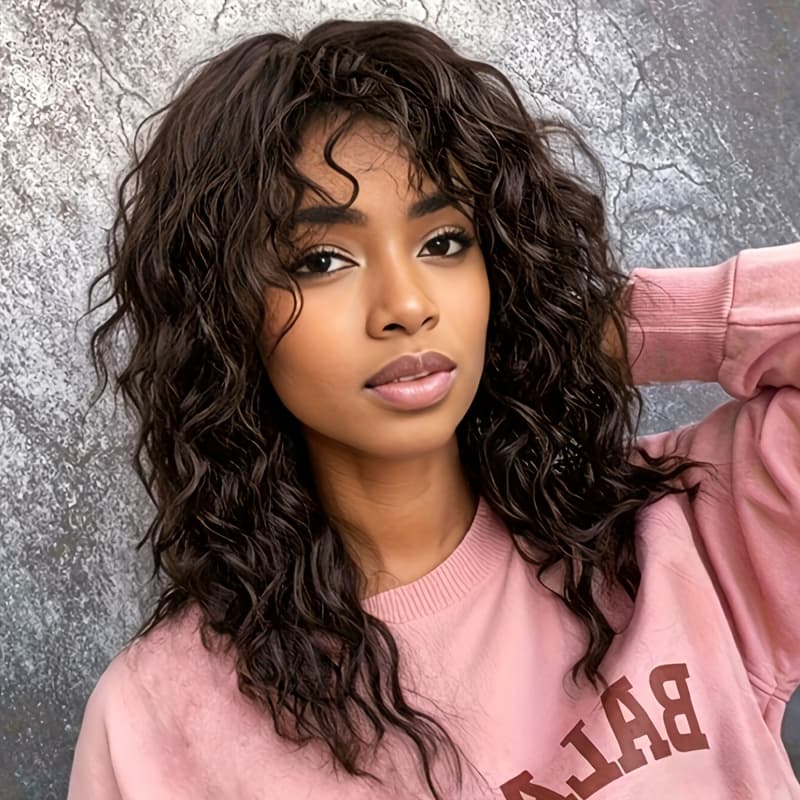 TEMU Women' Inch Long Black Curly Wig With Bangs, High Temperature Synthetic Fiber, , Stylish & Versatile, Suitable For Daily Wear Party, Cosplay
