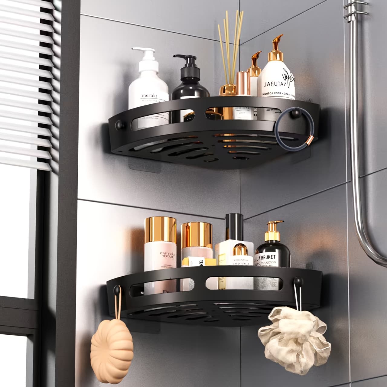 TEMU 2pcs Corner Shower Caddy - No-drill Adhesive Bathroom Storage Rack, Wall-mounted Organizer For Shampoo & Essentials