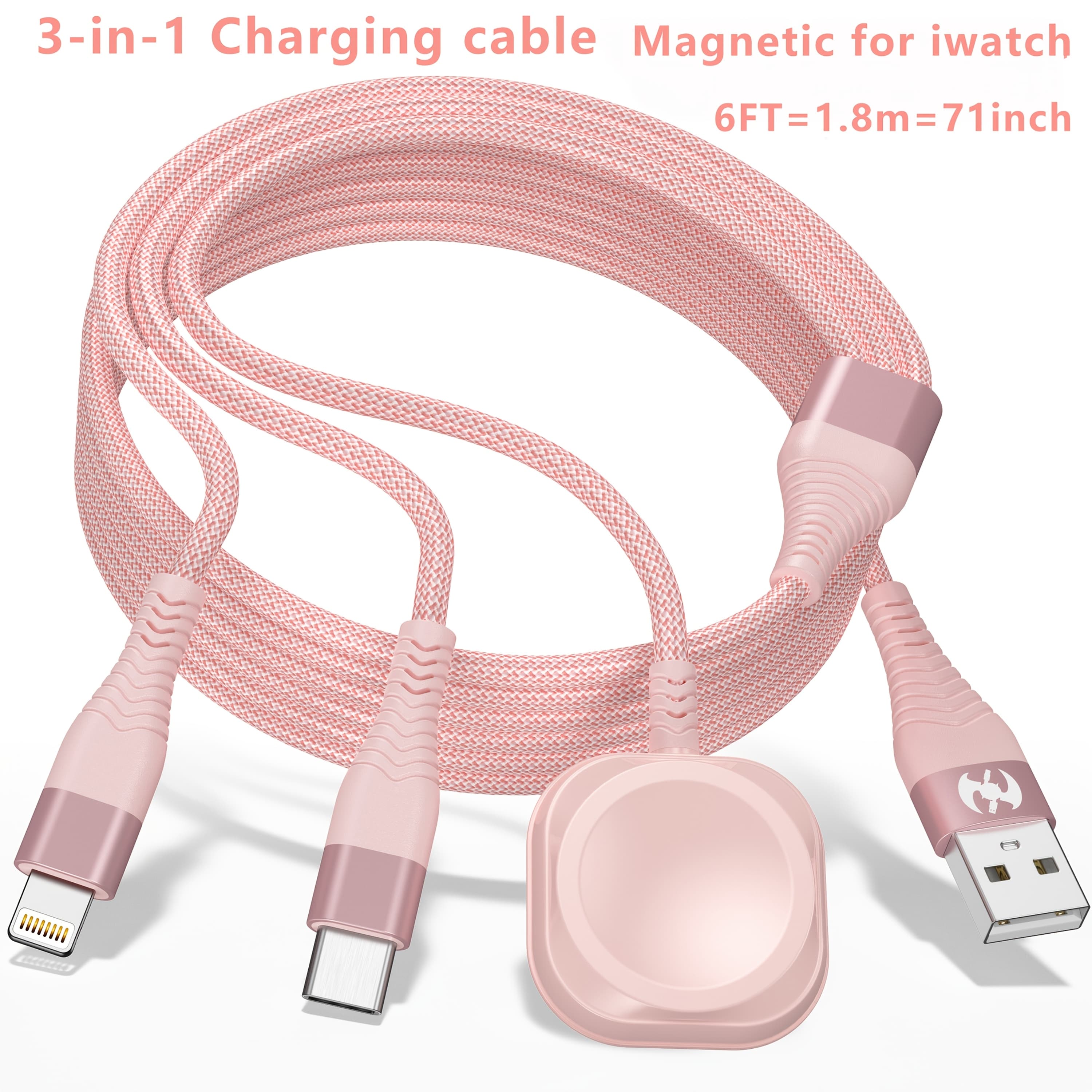 TEMU For Multi Charging Cable Nylon Braided Usb Am Port To Lightning Type C And For Iwatch Magnetic Wireless Charger 3in 1 Fast Charging Wire For Iphone Phone And For Iwatch