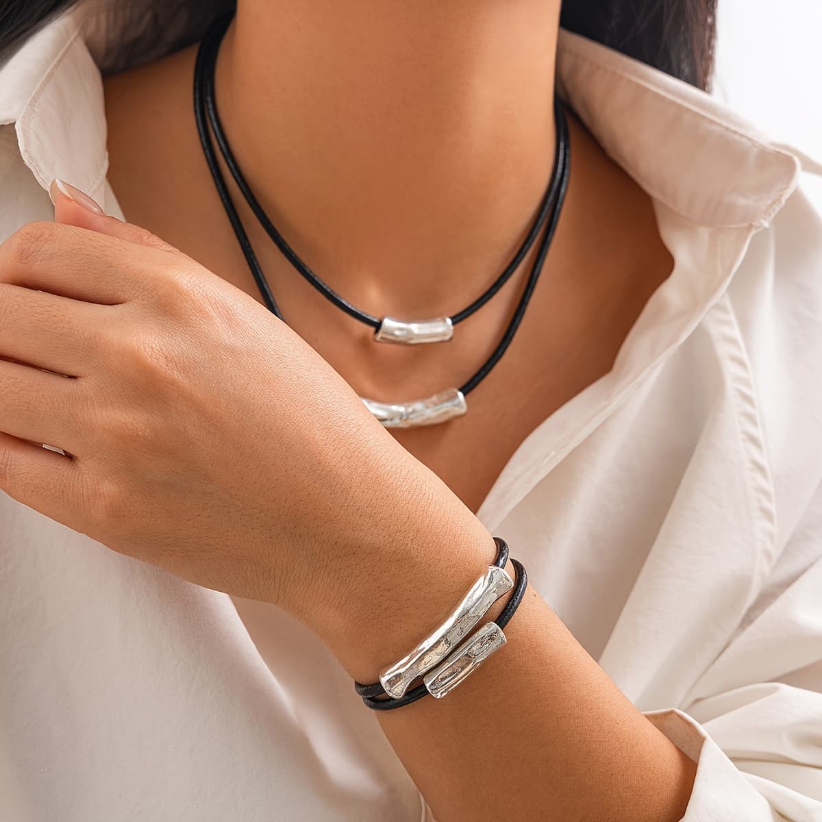 TEMU 2pcs Retro Punk Style Black Wax Cord Irregular Beaded Geometric Arc Cylinder Necklace And Bracelet Set