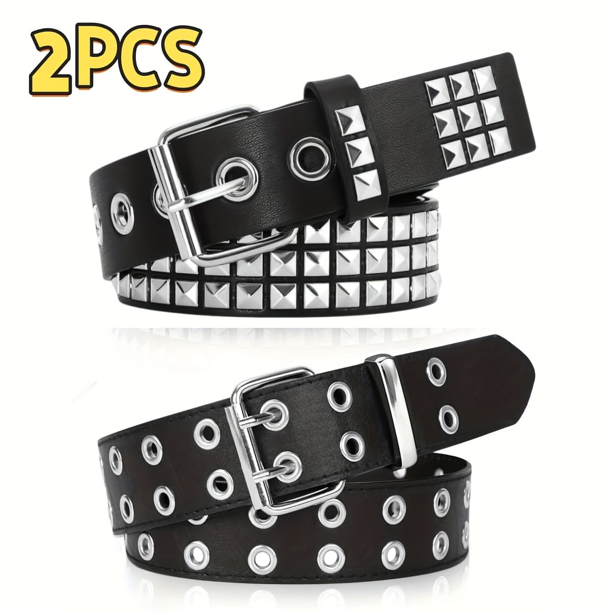 TEMU 2 Belts Designed In A Y2k Metal Punk Rock Style, With Double Buttons And With Shiny Pyramid Rivets. Belts Are Unisex, Making Them Perfect For Couples, And Pair Well With Jeans, Casual Trousers