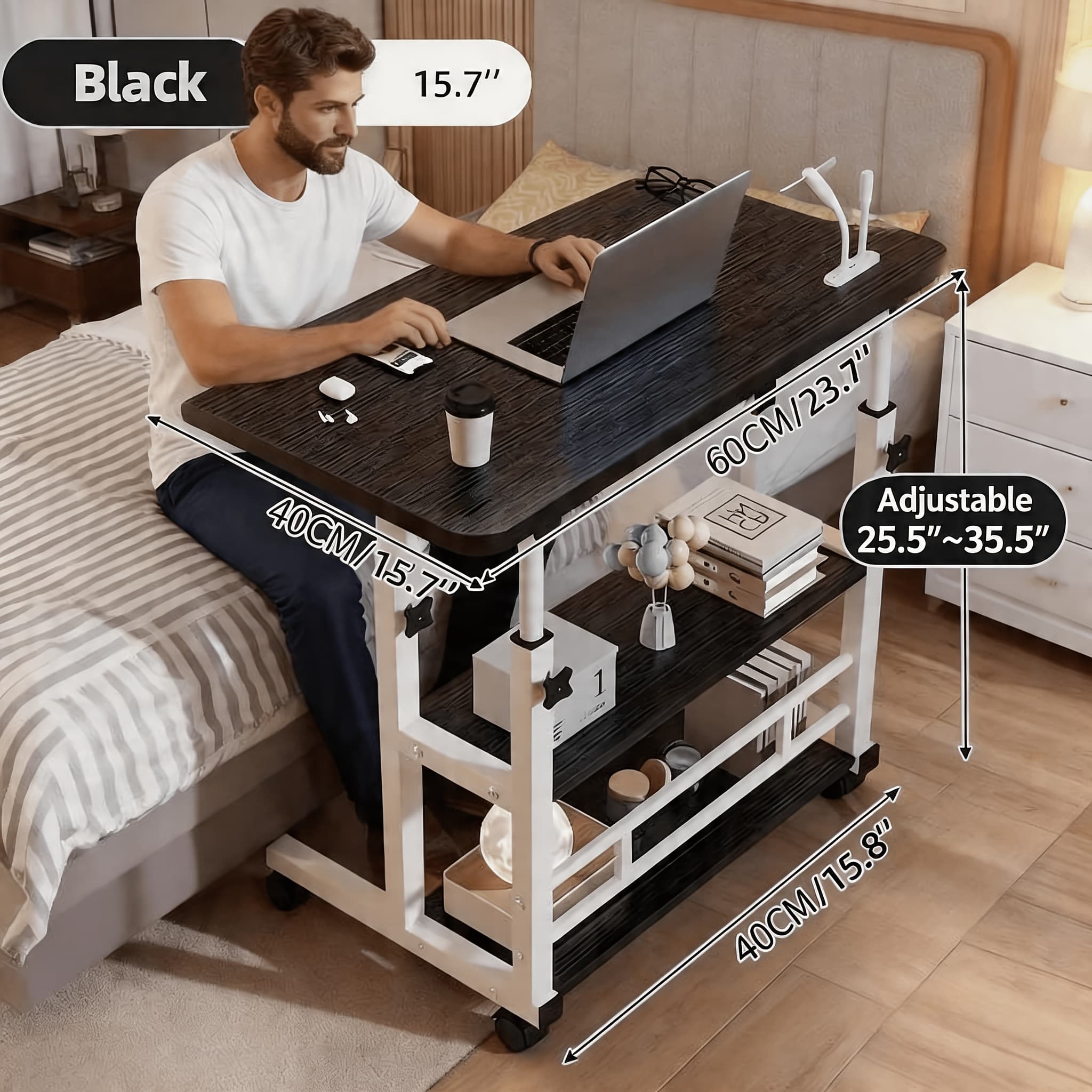 TEMU This Movable, Height-adjustable Bedside Computer Desk Is Adjustable From 23 To 35 Inches. It Features -tiered Storage Design With Omnidirectional Casters, Making It Suitable For Home, Bedroom