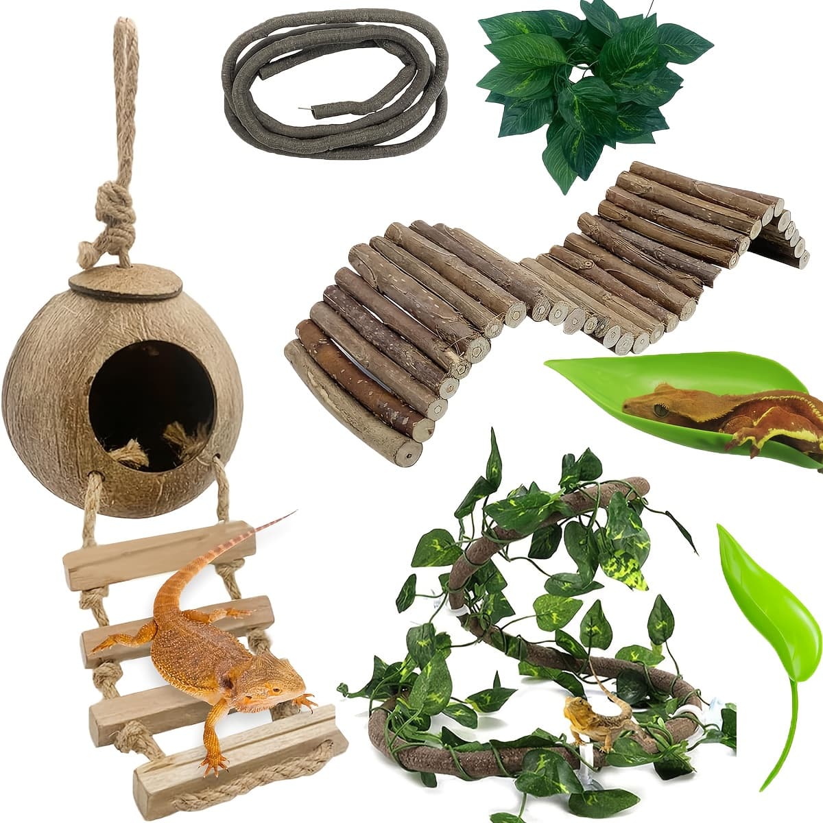 TEMU Wood Reptile Terrarium Habitat With Coco Den & Ladder - Multi- , Chameleon, , Hermit Crab Tank Accessories - Bridge Vines, Plants, Branches For - Reptile (compatible For & Lizard