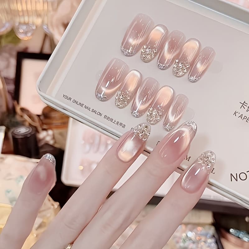 TEMU 10pcs Nude Pink Gradient Press On Nails - Oval Long With Pearl Decor, Reusable Glitter Fake Nails For Bridal, Party And Looks