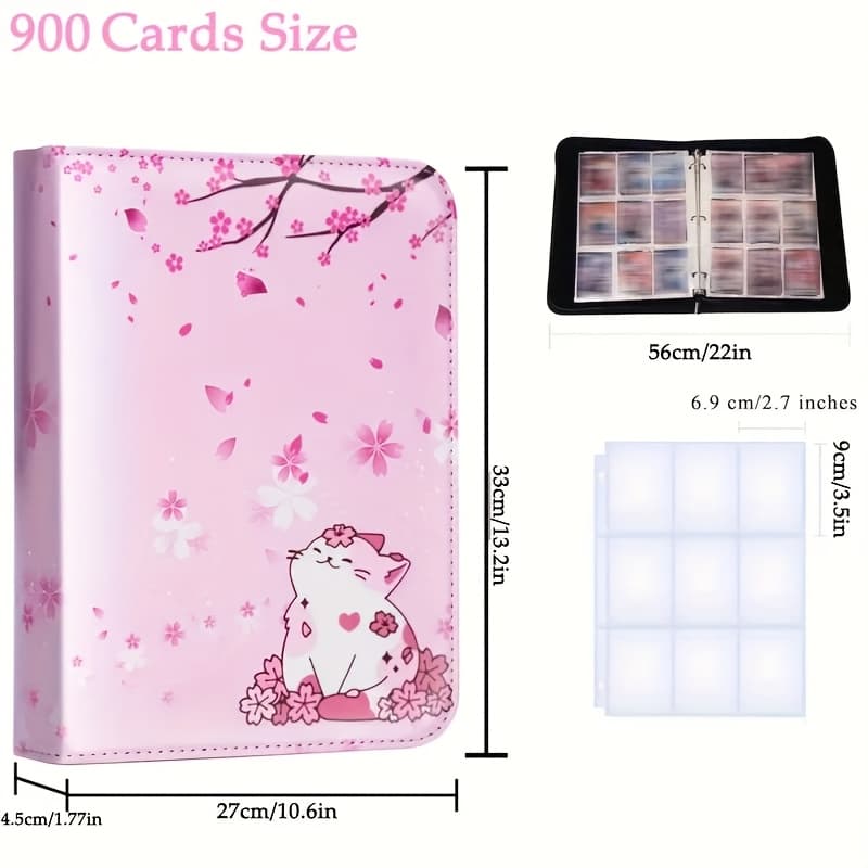 TEMU 900 Pocket Zippered Album With ,- Premium Pu Leather Trading Card Binder. & Cat Illustration, Waterproof & Durable For Sports And Trading Game Cards