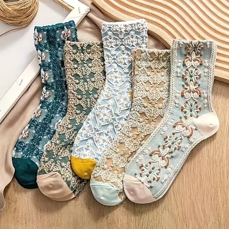 TEMU 5 Pairs Of Women's Mid - Long Court Socks. Feature With Details, Fully An Elegant And Literary Style. Made Of Comfortable Fabric, Are Skin - Friendly And Won't Rub Your Feet