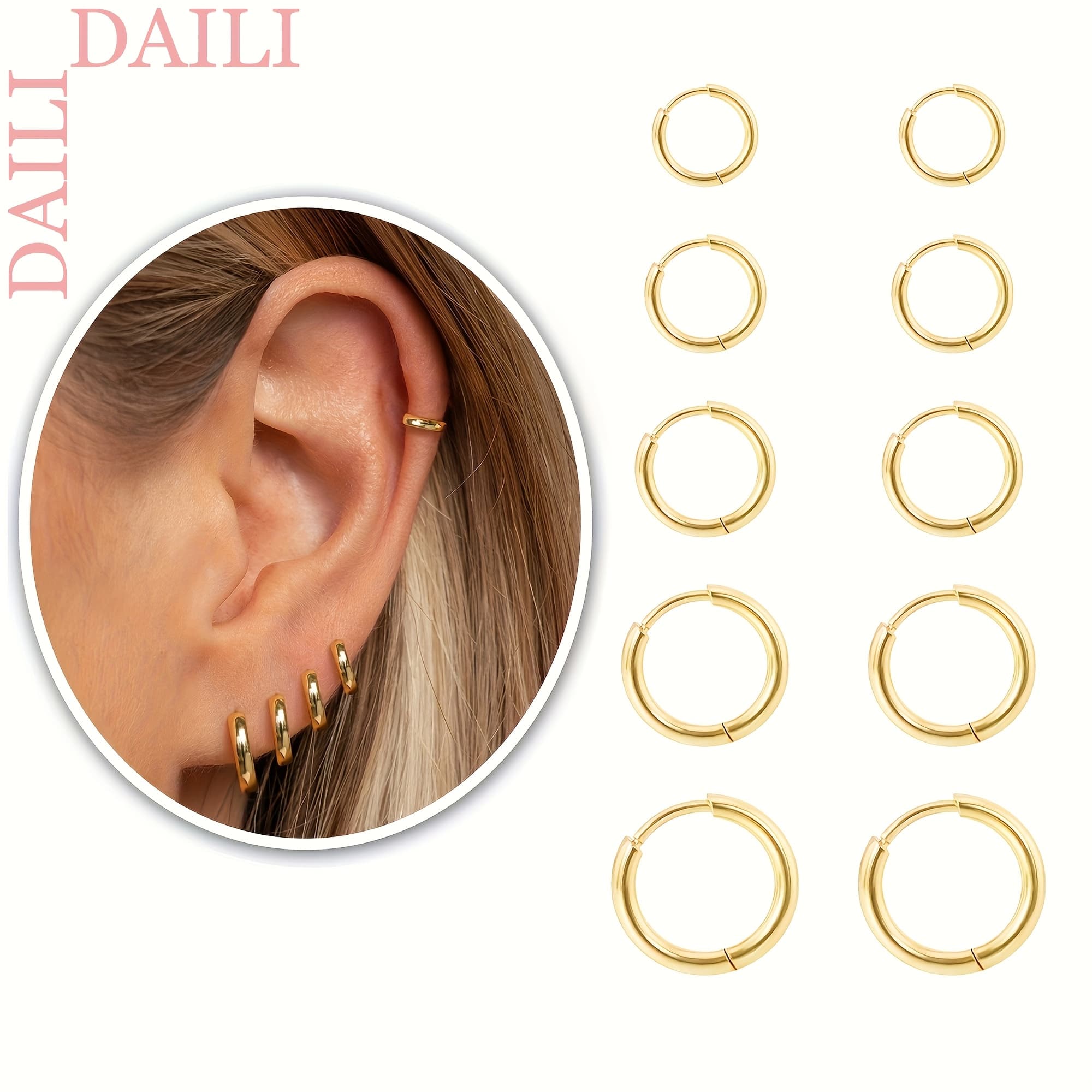 TEMU 5 Pairs Small Golden Hoop Earrings For Women 14k Golden Plated Huggie Hoop Earrings For Sensitive Ears Everyday Earrings For Cartilage Piercings Jewelry Set For Multiple Piercings