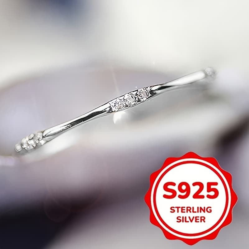 TEMU 925 Sterling Silver Thin Ring Inlaid Zirconia Women's Engagement Ring For Wedding Casual Wear Valentine's Day Gifts