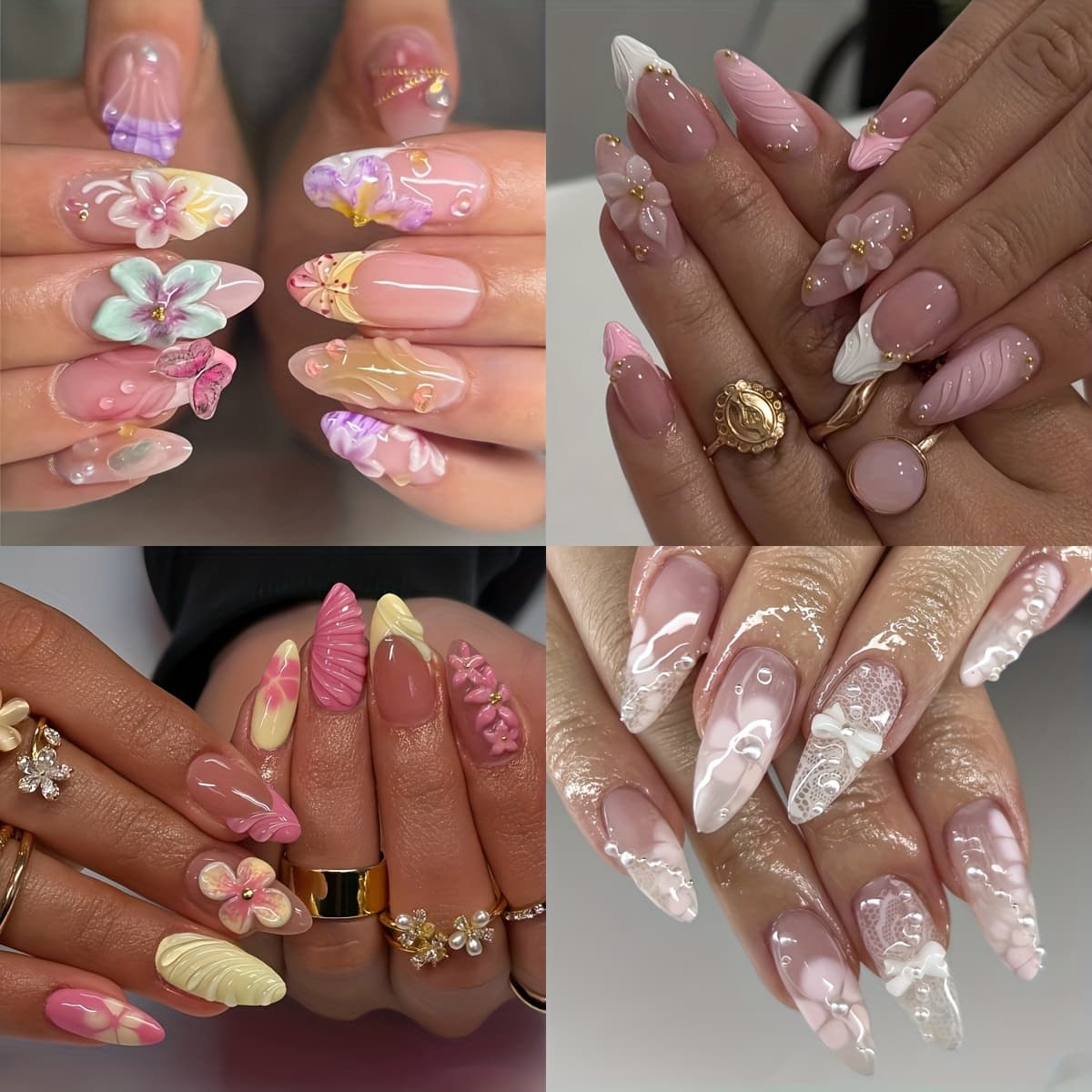 TEMU 96pcs 3d Flower On Nails - Elegant Nude Pink And White Long Fake Nails With Floral , Glossy End And Pearl Details, Perfect Spring Summer Nail Set For Women