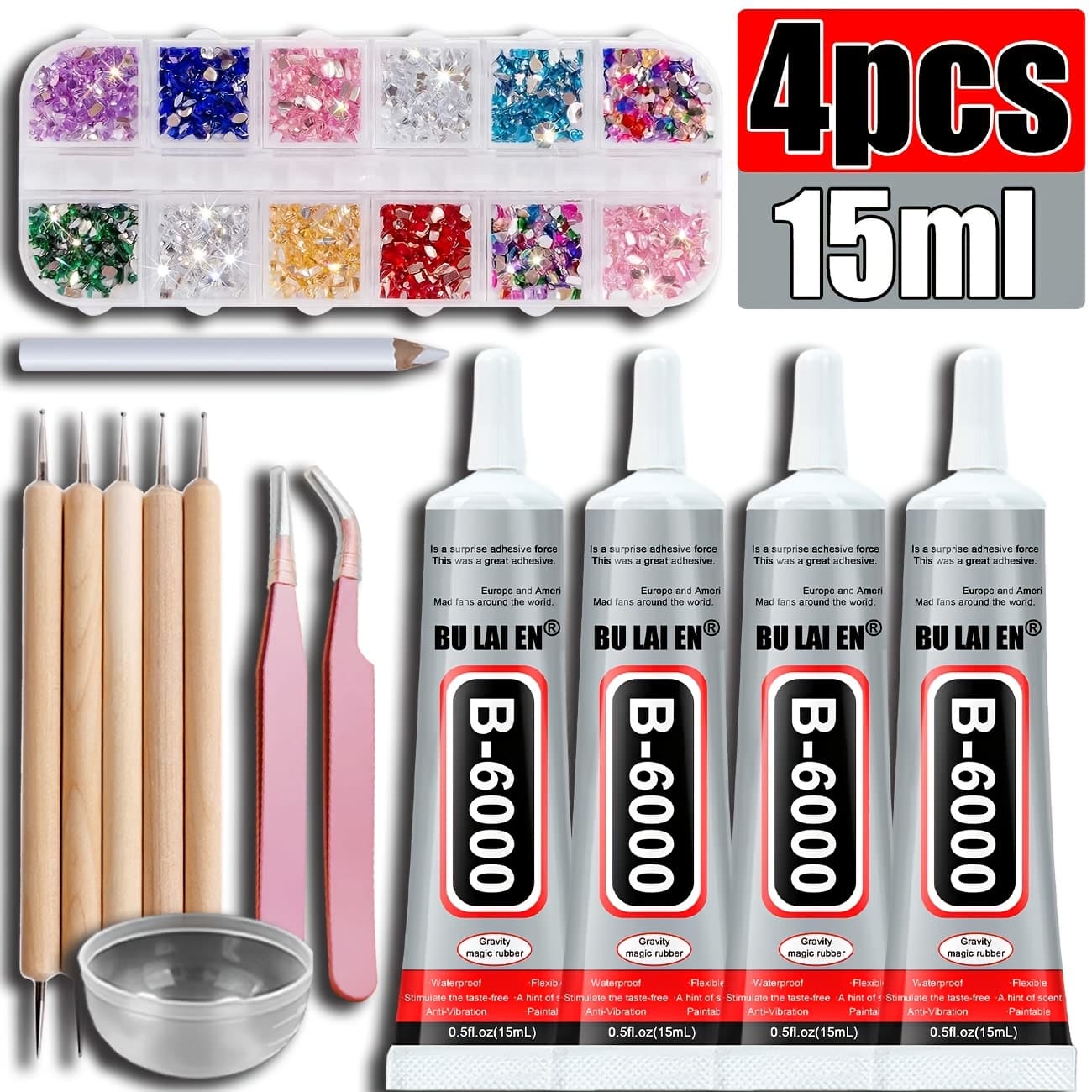 TEMU 4pcs Set B6000 Jewelry Glue, Transparent Inlay Adhesive, Pendant Bonding Glue, Craft Glue With Precision Nozzle, Multi-fabric Glue Ideal For Jewelry Making And Phone Repair