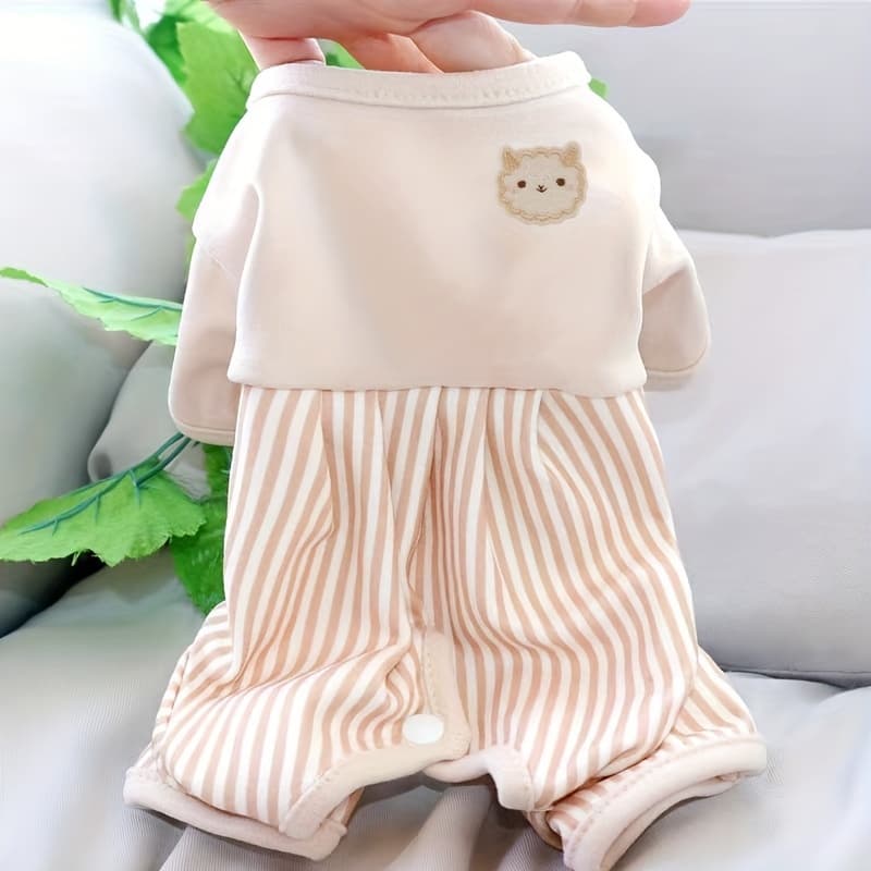 TEMU Striped Double-tone Bodysuit, Belly Protection Outfit, Fall Winter , Cute Embroidery, Small To Medium Dogs, Soft And Comfortable