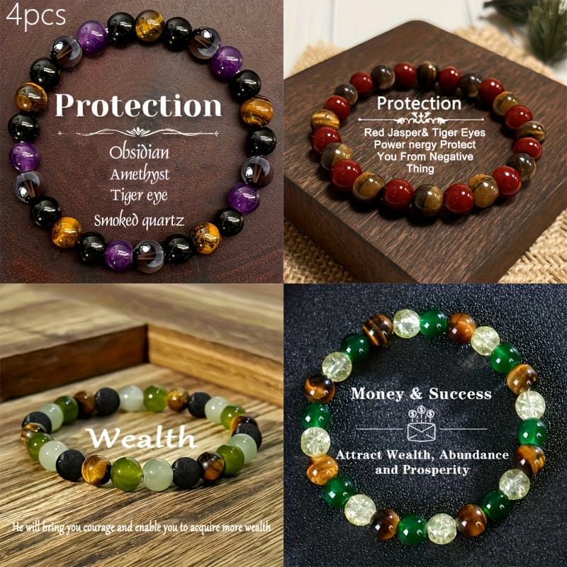 TEMU 4pcs Women's Natural Stone Beaded Bracelets Featuring, Obsidian, And, Designed In Black And With Transparent Spherical Beads, Suitable For Casual Attire. A Gift For Women, Perfect For Gifting