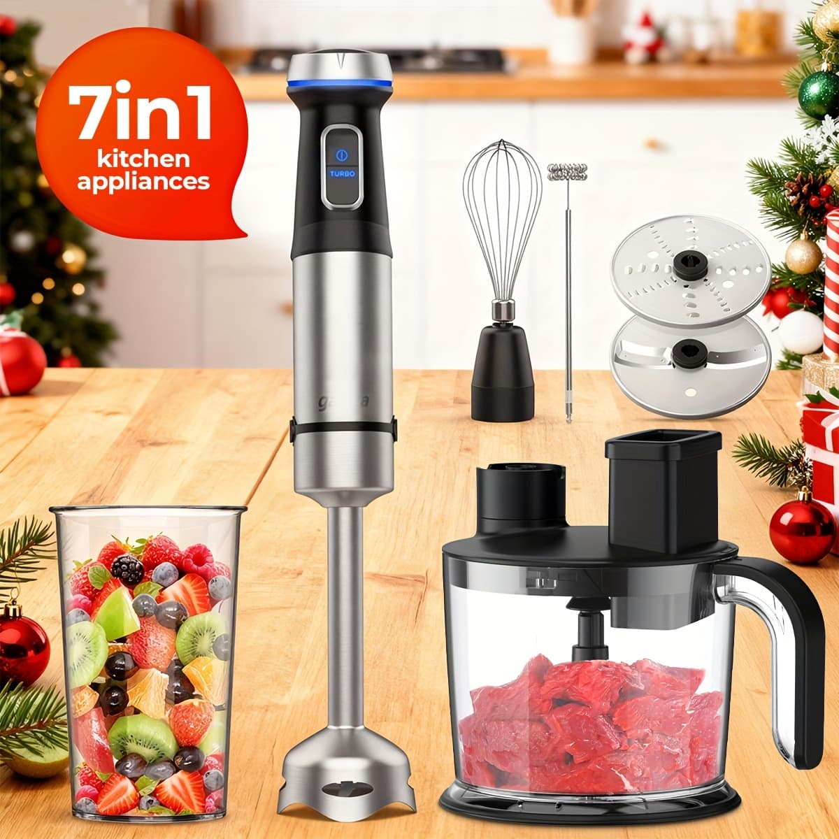 TEMU Blender7in 1hand Blender Max 1000w Heavy Duty Motor, 16 Speed Mode Handheld Blender Stainless Steel Blade With 800ml Mixing Beaker, 600ml Chopper, Whisk And Milk Frother, Christmas Gifts