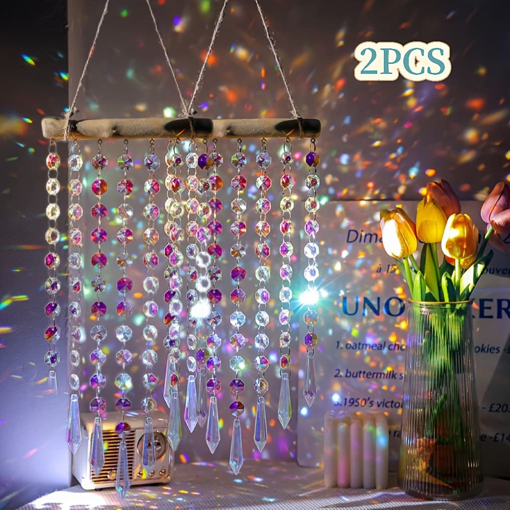 TEMU Winter Decoration: A 7-strand Colorful Bead Garland With Glass Prism Suncatcher And Wind Chime, Featuring A Wooden And Vibrant Bead Strings, Perfect For Home Decoration And Jewelry Crafting