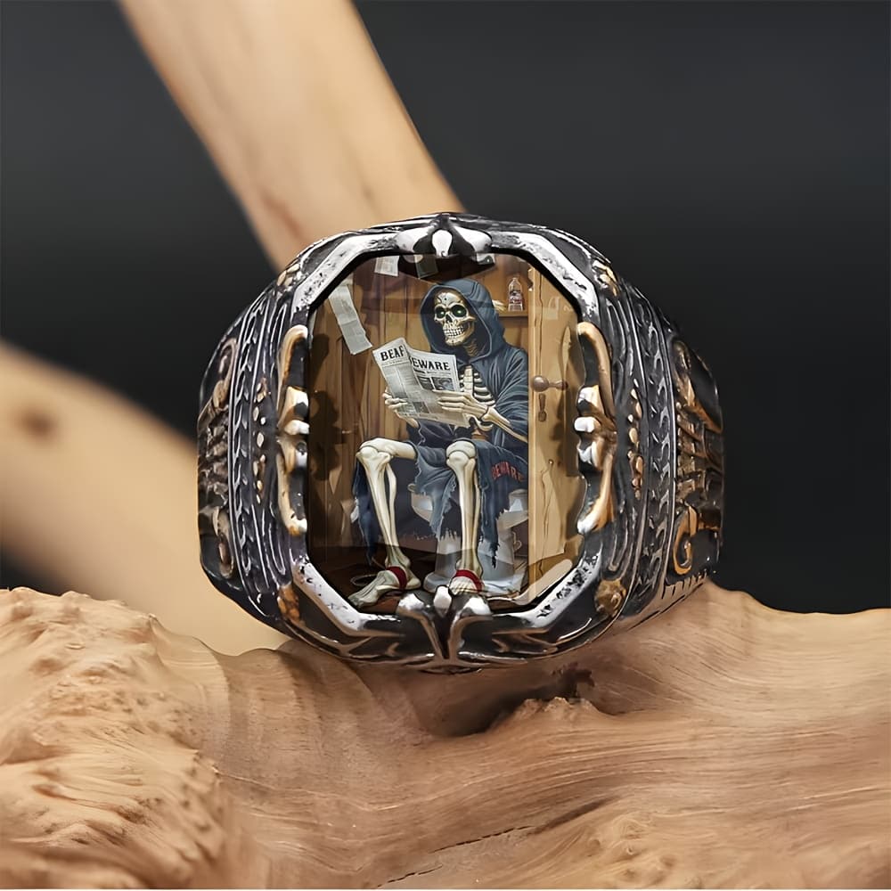 TEMU Men's Skull Newspaper Reading Ring: Exquisitely Carved, Vintage Jewelry, Suitable For Casual Attire And Special Occasions
