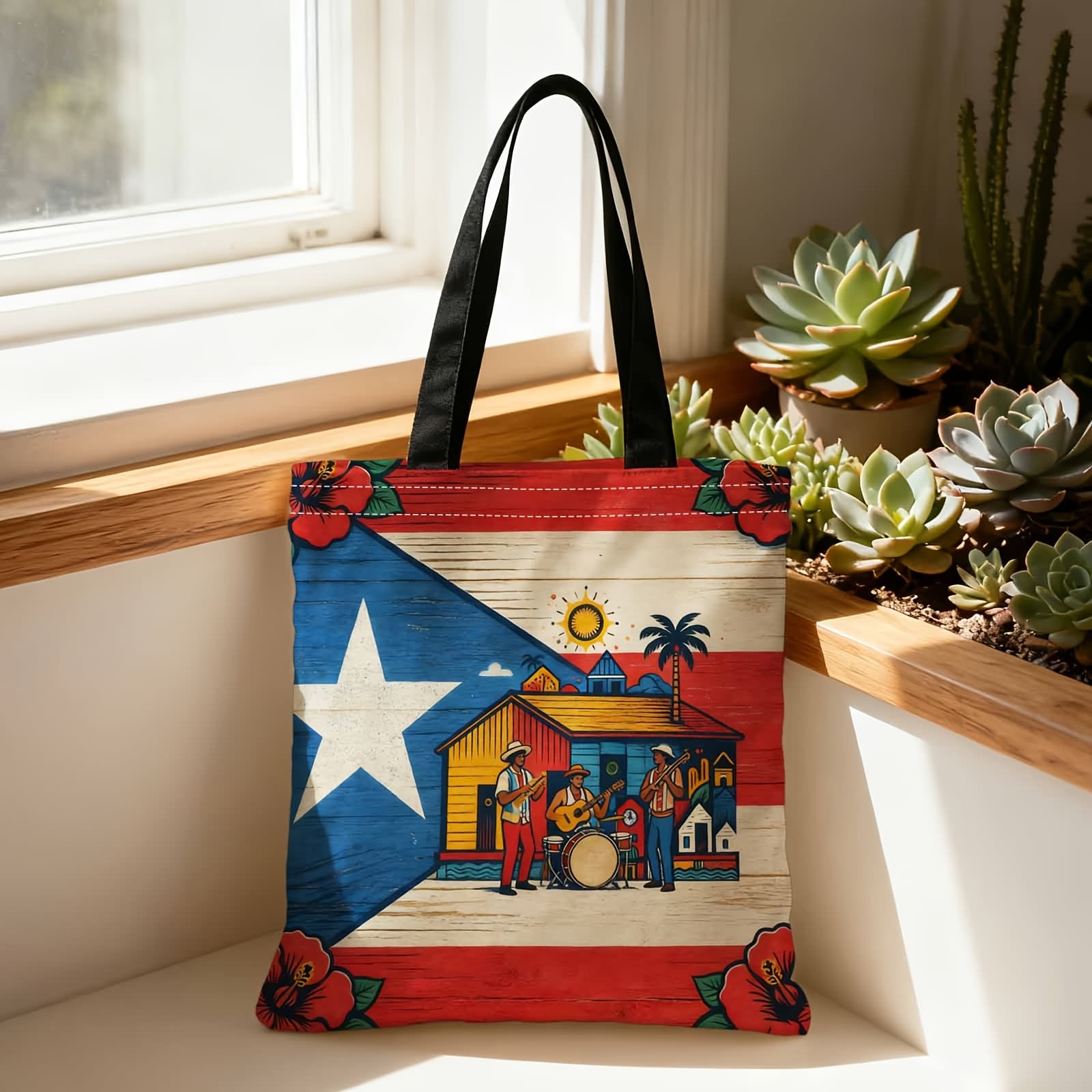 TEMU A Tote Bag With Double-sided Printing, A Shopping Tote Bag, A Portable Bag For Carrying On The Shoulder Or , Featuring A Double-sided Printed Pattern With Puerto Rican Themes And Musical Band